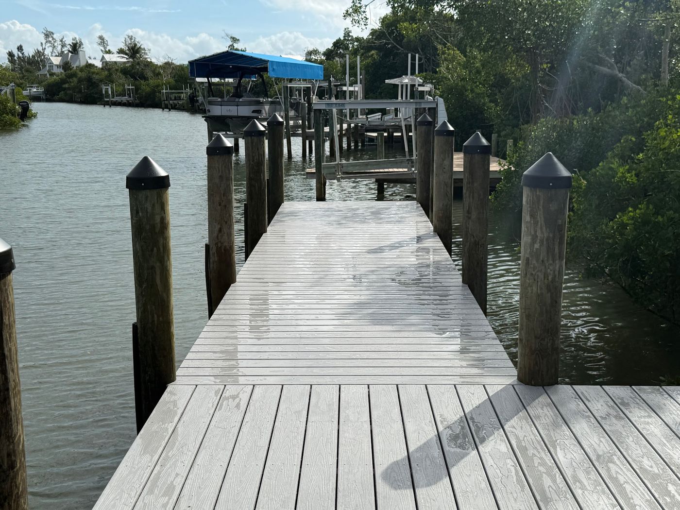 Dock walkway with pilings viewed from the deck