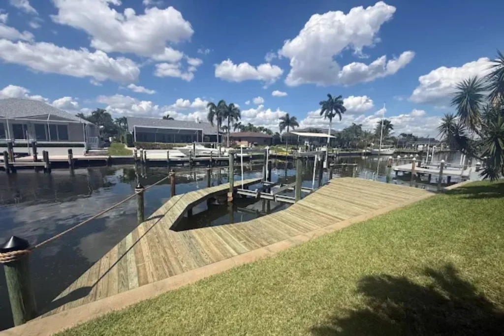 Custom waterfront dock and access ramp installation