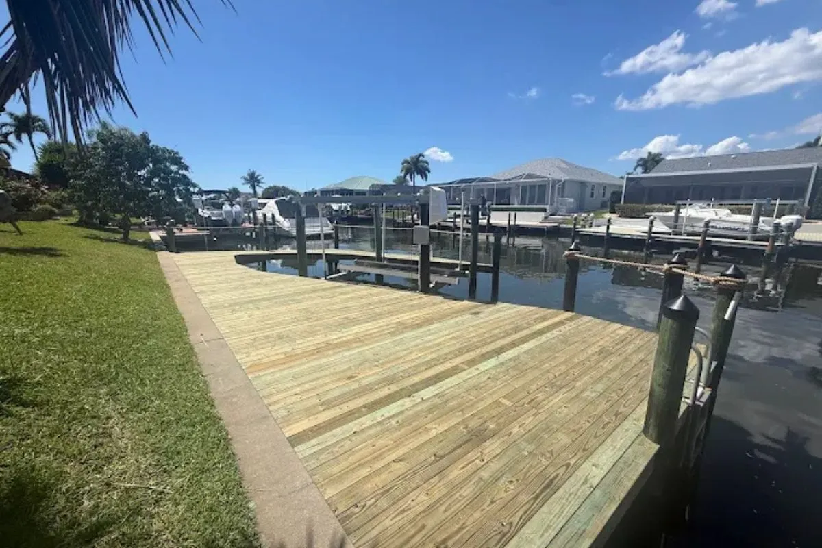 Pressure treated dock installation used as a hurricane preparation reference image